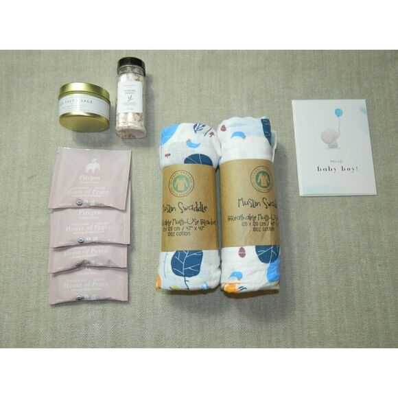 Global Organic Muslin Blanket Cotton Candle Tea New Mom Gift Box - Picture 5 of 6
